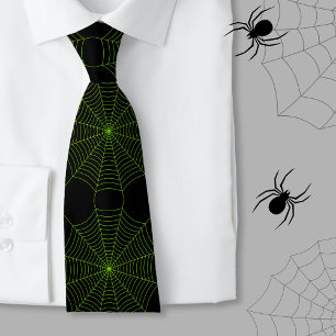 Black neon green spider web Halloween pattern Tie