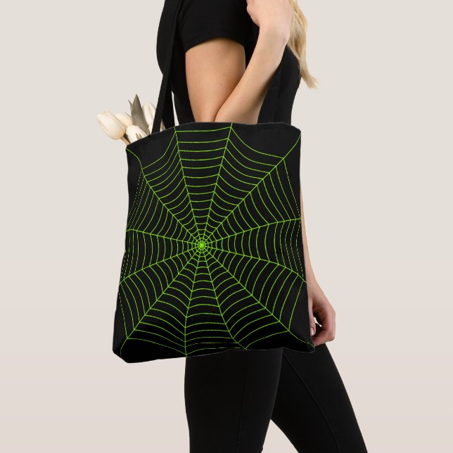 Black neon green spider web Halloween pattern Tote Bag (Close Up)