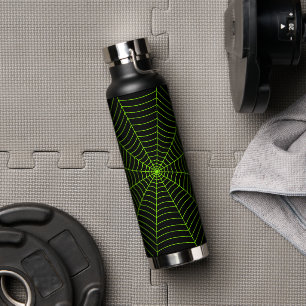 Black neon green spider web Halloween pattern Water Bottle