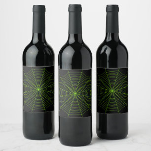 Black neon green spider web Halloween pattern Wine Label