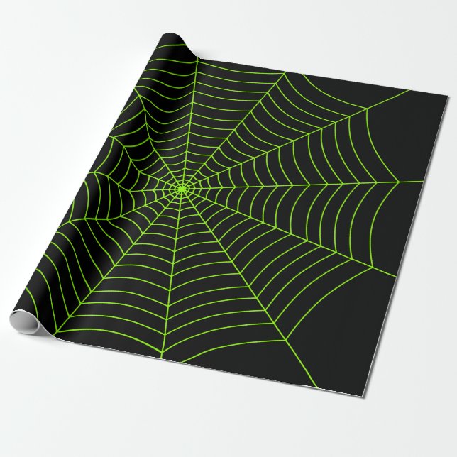 Black neon green spider web Halloween pattern Wrapping Paper (Unrolled)
