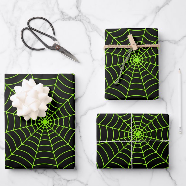 Black neon green spider web Halloween pattern Wrapping Paper Sheet (Front)