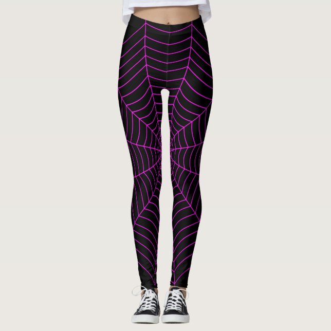 Black neon hot pink spider web Halloween pattern Leggings (Front)