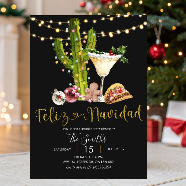 Black Neon Mexican Feliz Navidad Holiday Fiesta Invitation (Creator Uploaded)