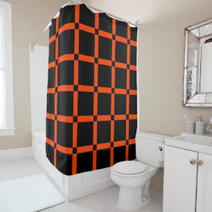 Black & Neon Orange Grid Pattern Shower Curtain