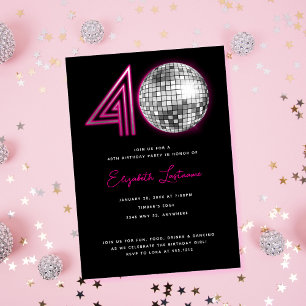 Black Neon Pink Disco Ball Forty 40th Birthday Invitation