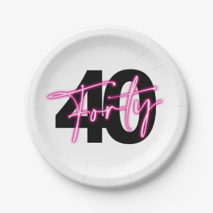 Black Neon Pink Forty 40th Birthday Paper Plates