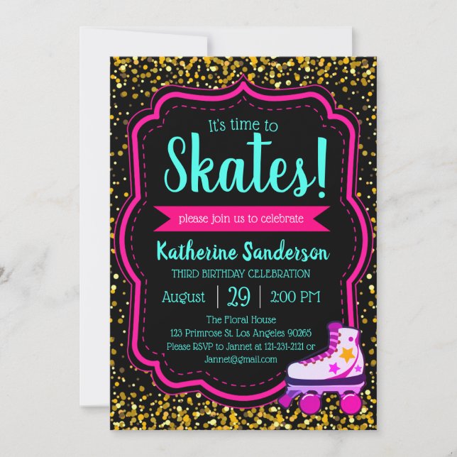 Black Neon Pink gold glitter Roller Skate Birthday Invitation (Front)