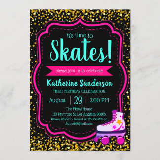 Black Neon Pink gold glitter Roller Skate Birthday Invitation