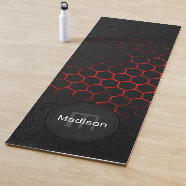 Black neon red honeycomb geometry pattern Monogram Yoga Mat (In Situ)