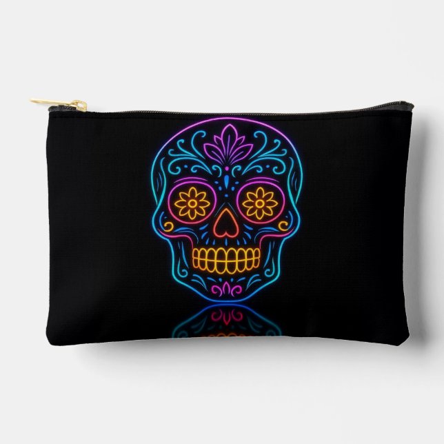 Black, neon sugar skull/day of the dead welcome accessory pouch (Front)