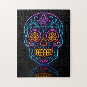 Black, neon sugar skull/day of the dead welcome jigsaw puzzle