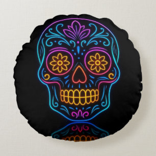 Black, neon sugar skull/day of the dead welcome round cushion