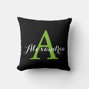 Black Neutral Solid Colour Bright Green Monogram Cushion