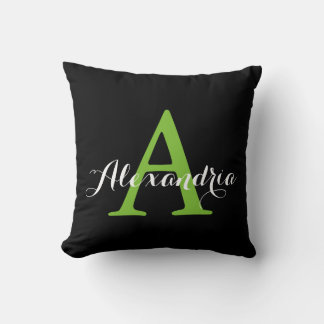Black Neutral Solid Colour Bright Green Monogram Cushion