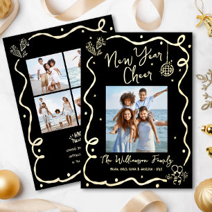 Black New Year Cheer 5 Photo Hand Drawn Real Gold