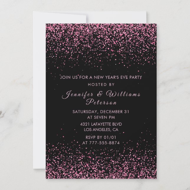 Black New year's eve invitation Pink Glitter (Front)