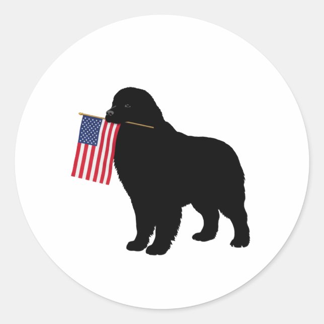 Black Newf Dog Holding USA Flag – July 4th Patriot Classic Round Sticker (Front)