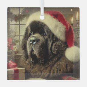 Black Newfie in a Santa Hat Christmas  Glass Tree Decoration