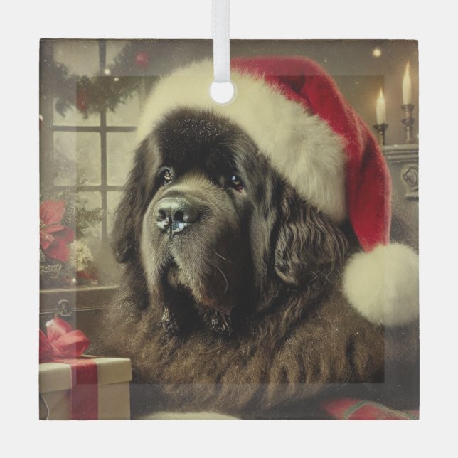 Black Newfie in a Santa Hat Christmas  Glass Tree Decoration (Front)