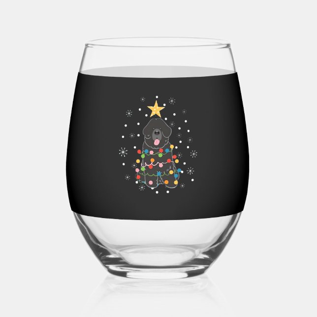 Black Newfie Newfoundland Dog Christmas Tree Class Stemless Wine Glass (Front)