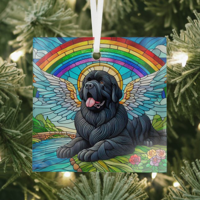 Black Newfoundland Angel under Rainbow Suncatcher  Glass Tree Decoration (Insitu)
