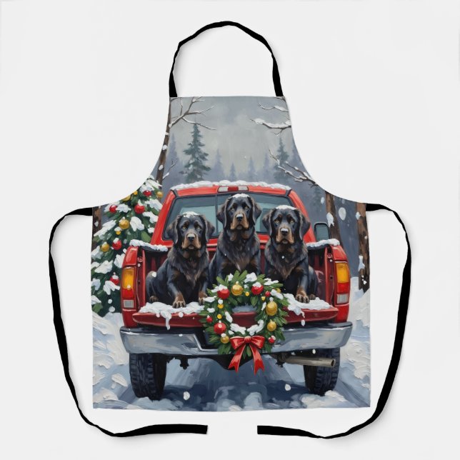 Black Newfoundland Christmas Red Truck Holiday Apron (Front)