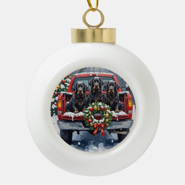 Black Newfoundland Christmas Red Truck Holiday Ceramic Ball Christmas Ornament (Front)