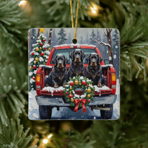 Black Newfoundland Christmas Red Truck Holiday Ceramic Ornament