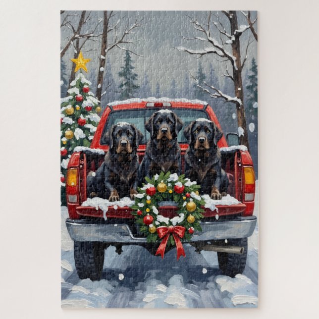 Black Newfoundland Christmas Red Truck Holiday Jigsaw Puzzle (Vertical)
