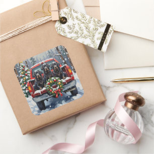 Black Newfoundland Christmas Red Truck Holiday Square Sticker