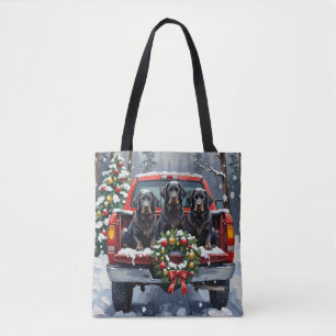 Black Newfoundland Christmas Red Truck Holiday Tote Bag