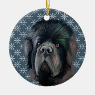 BLACK NEWFOUNDLAND DOG FACE BLUE WHITE FLAKES CERAMIC TREE DECORATION