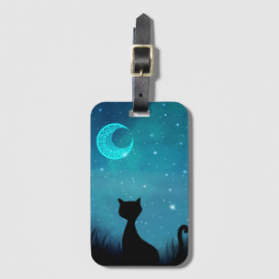 Black night cat modern illustration sparkle sky  luggage tag