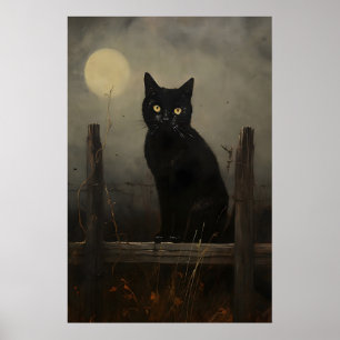 Black night cat vintage print, moon cat on a fence poster