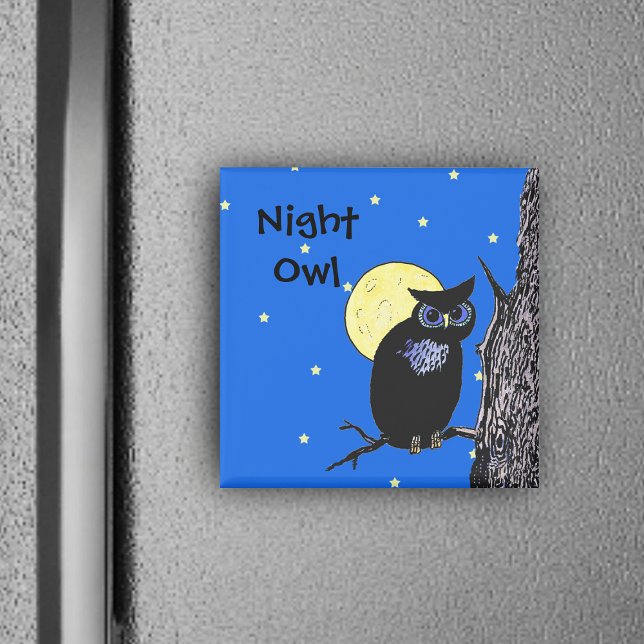 Black Night Owl Blue eyes in Tree Moon Stars Magnet (Black night owl in tree with yellow moon and stars on blue frig magnet.)