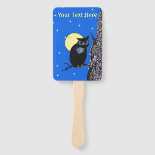 Black Night Owl in Tree Yellow Moon Stars Hand Fan