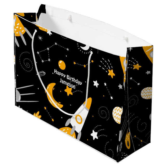 Black Night Sky Outer Space Rocket Birthday Large Gift Bag (Back Angled)