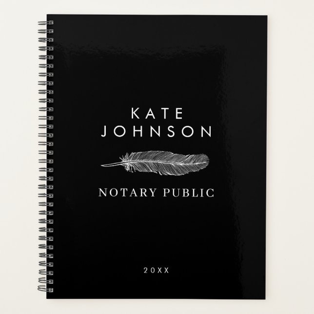 Black Notary Signing Agent Feather Quill Logo Planner (Front)