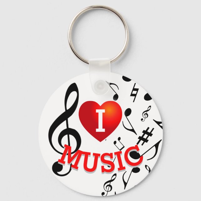 (BLACK NOTES) I Love (Heart) Music Key Ring (Front)