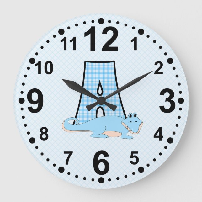 Black Numbers Blue Letter A with Alligator Large Clock (Front)