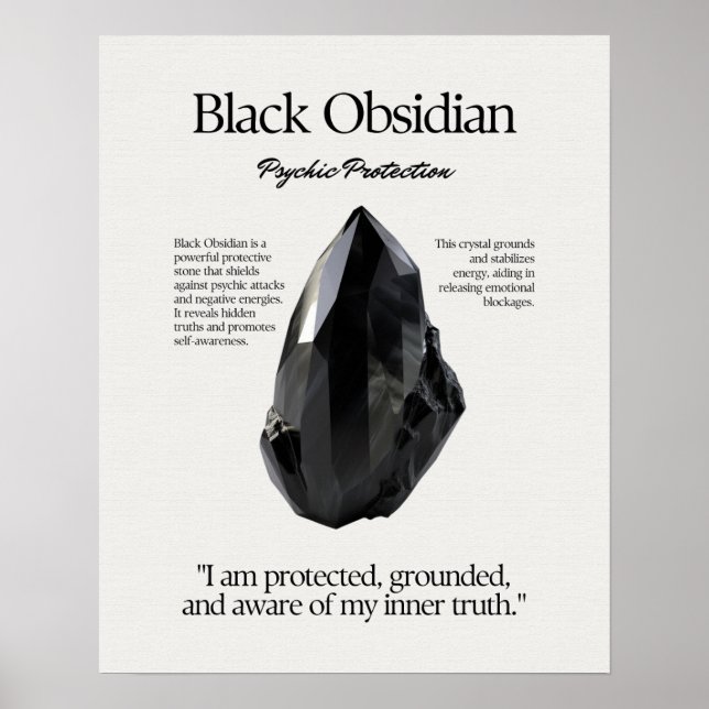 Black Obsidian Gem Crystal Meaning Card Poster (Front)