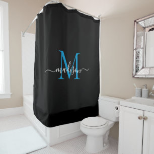Black Ocean Blue Monogram Feminine Script Name Shower Curtain