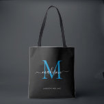 Black Ocean Blue Monogram Script Name Initial Tote Bag<br><div class="desc">Modern Black Ocean Blue Monogram Elegant Script Name Initial Tote Bag</div>