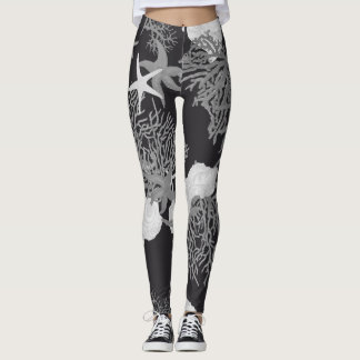Black Ocean Leggings Elegant Coral & Shell Design