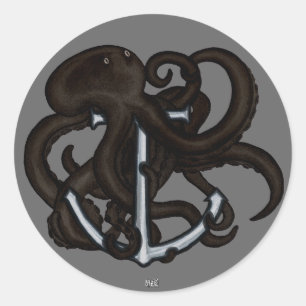 Black Octopus Over Anchor Classic Round Sticker
