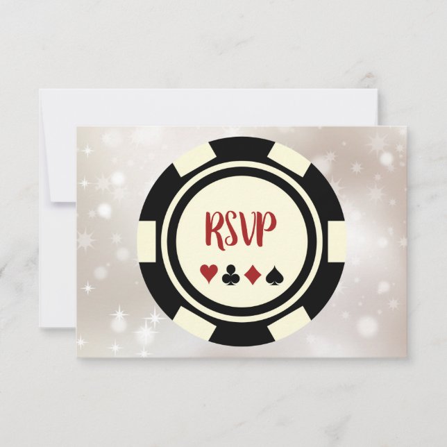 Black Off White Poker Chip Casino Theme Wedding RSVP Card (Front)
