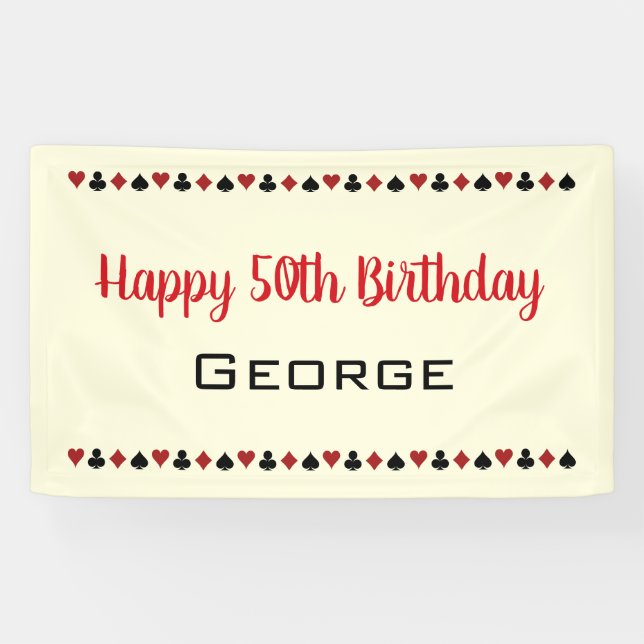 Black Off-White Red Playing Card Suits Birthday Banner (Horizontal)