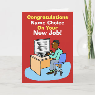 Black Office Worker at Computer. New Job. Card
