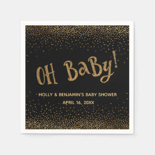 Black "Oh Baby!" Gold Glitter Confetti Names, Date Napkin